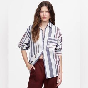 Madewell Shirred Button Up Striped Shirt Linen M